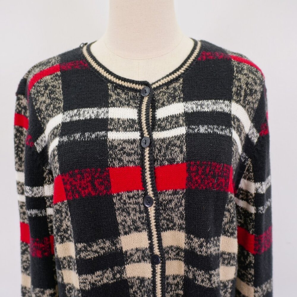 DAMAGED Christopher & Banks Hand Crochet Black Gray Red Plaid Cardigan Sweater S